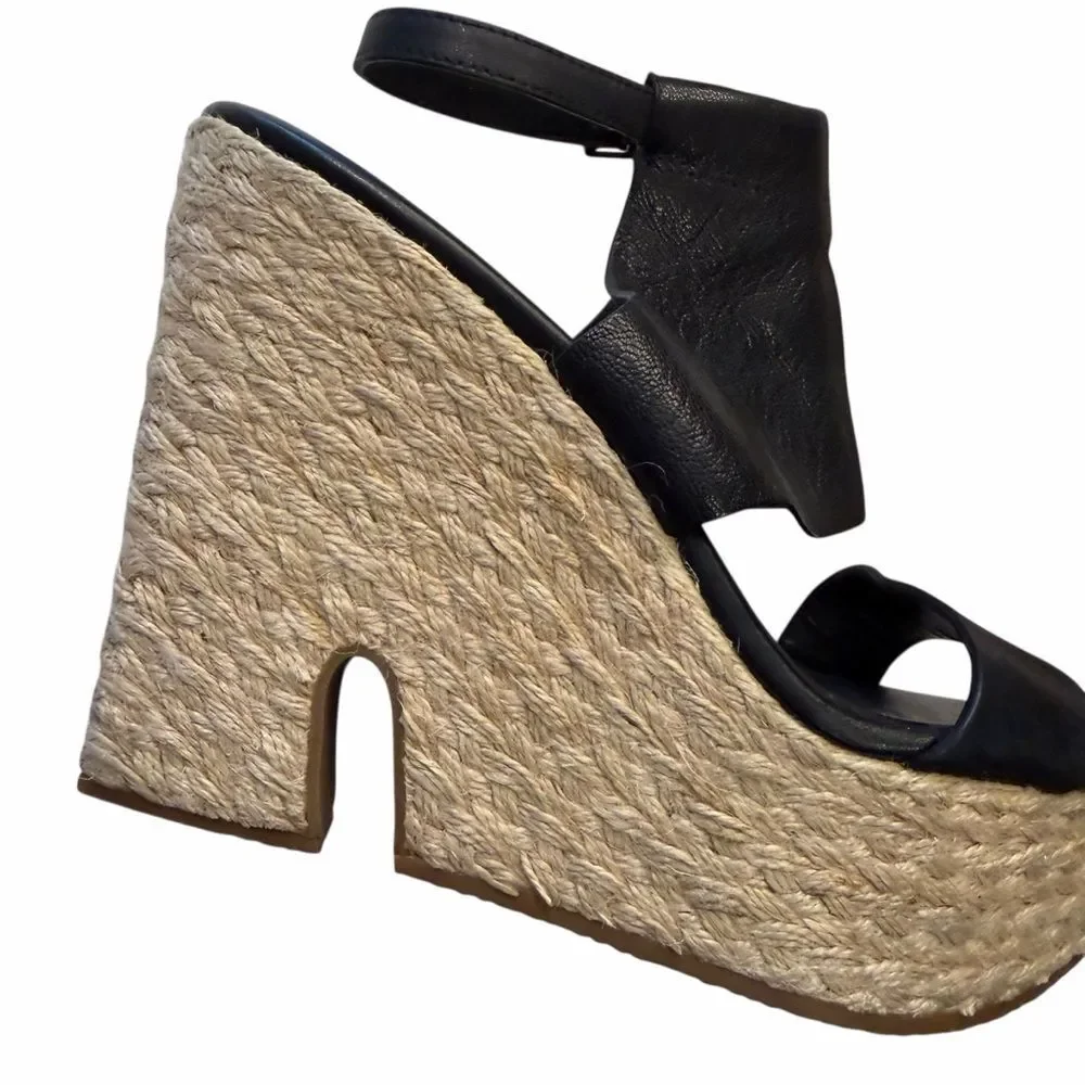 Cole Haan Black Ankle Strap Espadrille Wedges EUC size 8